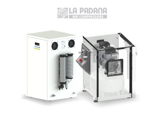 Máy nén khí không dầu, sấy khô hấp thụ, hộp giảm ẩm, 2 bơm, xuất xứ EU